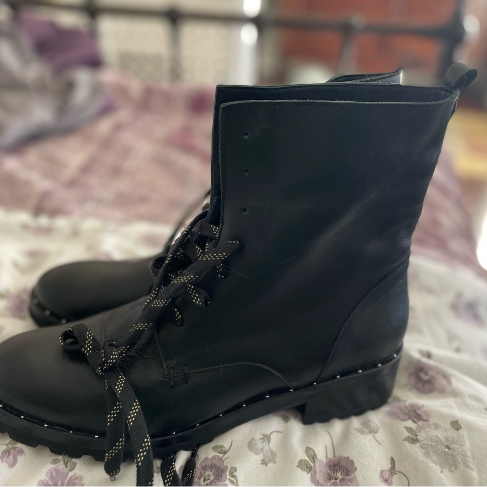 Used Freda Salvador Black Lace-Up Moto Boots - Picture 15 of 16